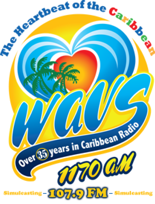 Colorful radio station logo with heart and palm trees, text: "The Heartbeat of the Caribbean," "WAVS," "Over 35 years in Caribbean Radio," "1170 AM," "107.9 FM.